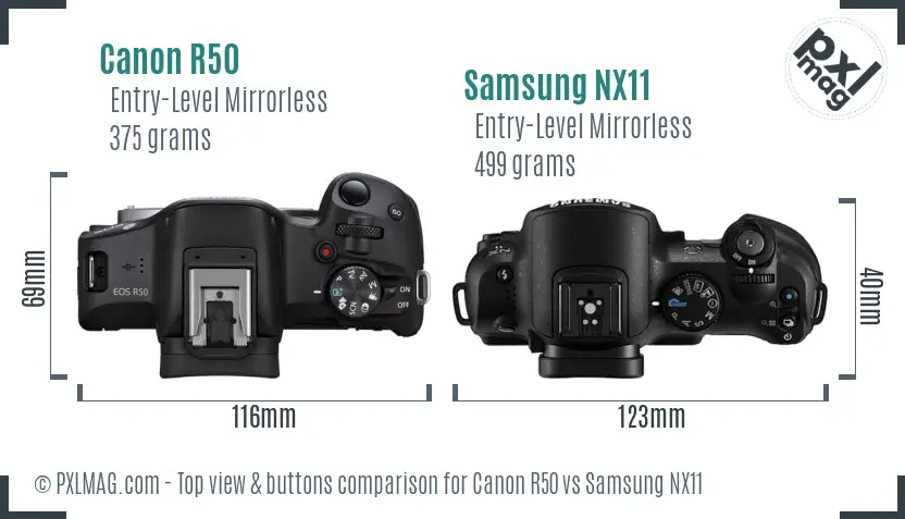 Canon R50 vs Samsung NX11 top view buttons comparison