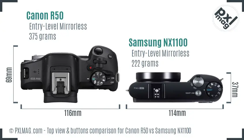 Canon R50 vs Samsung NX1100 top view buttons comparison