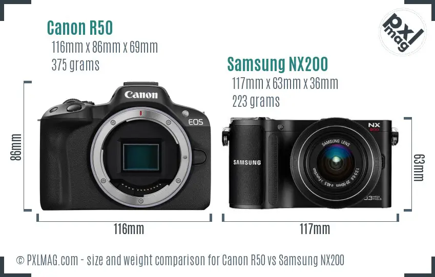 Canon R50 vs Samsung NX200 size comparison
