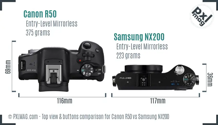 Canon R50 vs Samsung NX200 top view buttons comparison