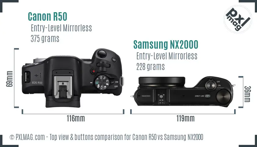 Canon R50 vs Samsung NX2000 top view buttons comparison