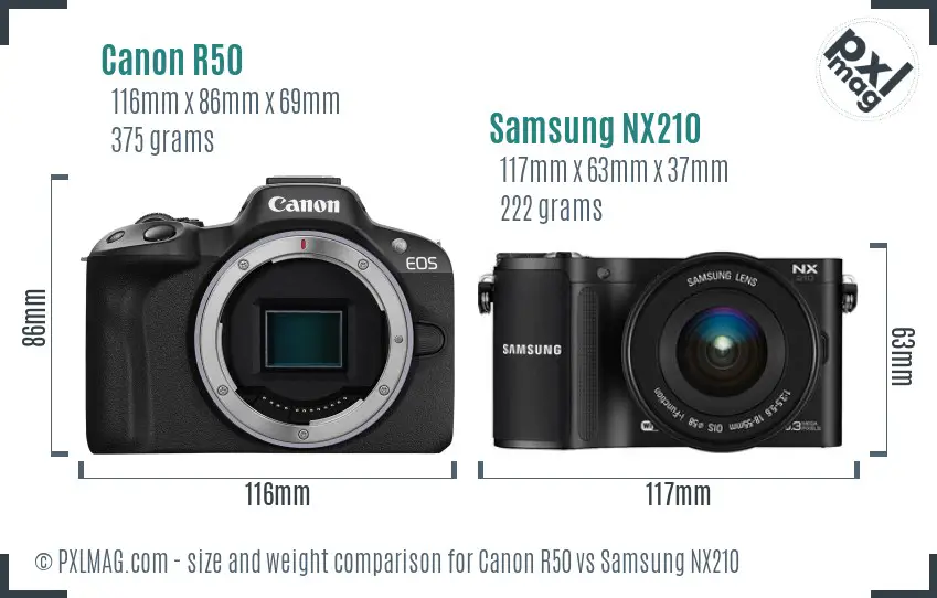 Canon R50 vs Samsung NX210 size comparison