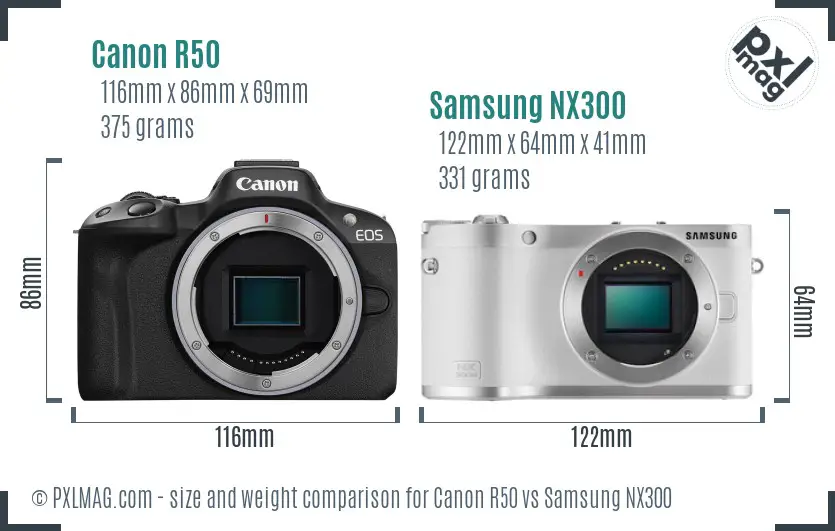 Canon R50 vs Samsung NX300 size comparison