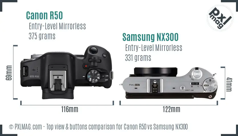 Canon R50 vs Samsung NX300 top view buttons comparison