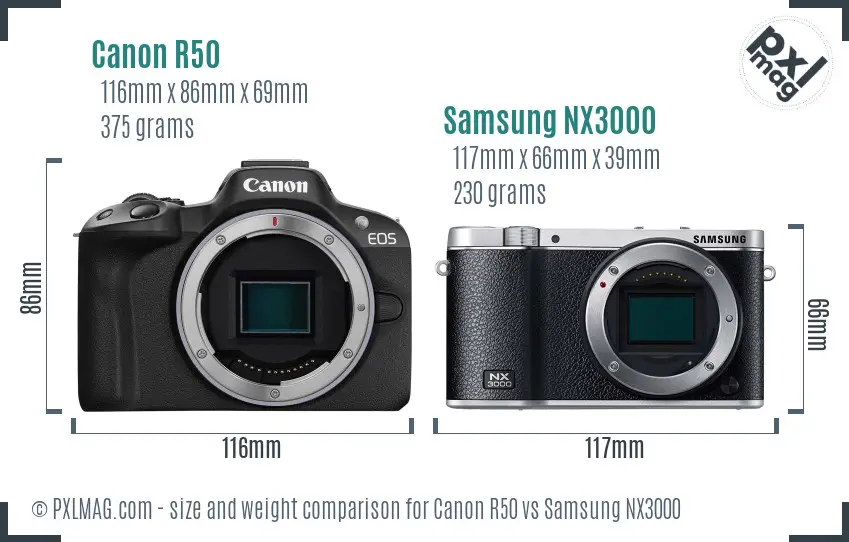 Canon R50 vs Samsung NX3000 size comparison