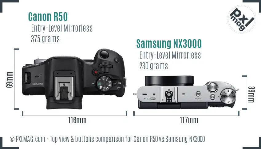 Canon R50 vs Samsung NX3000 top view buttons comparison