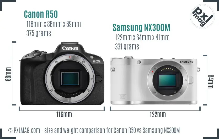 Canon R50 vs Samsung NX300M size comparison