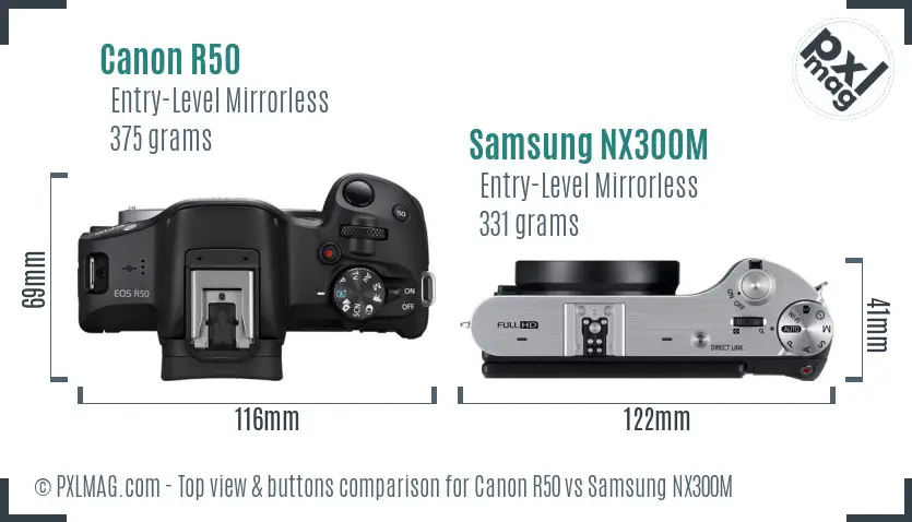 Canon R50 vs Samsung NX300M top view buttons comparison