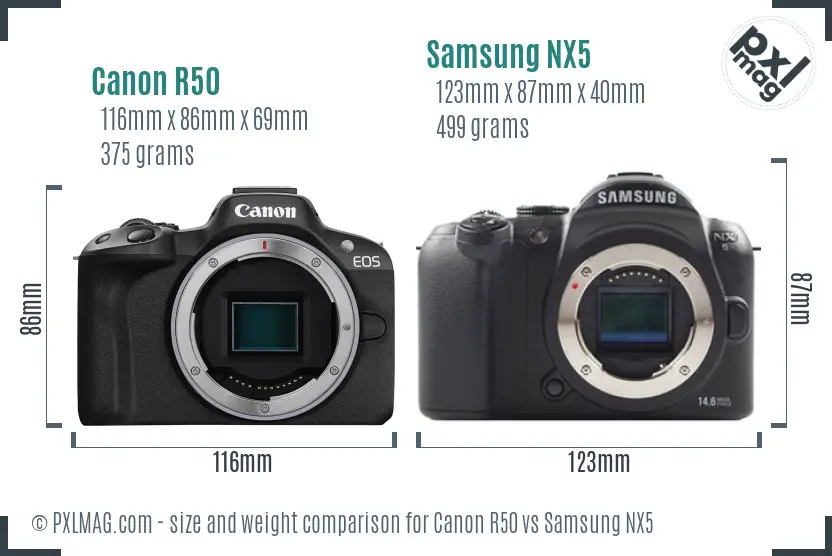 Canon R50 vs Samsung NX5 size comparison