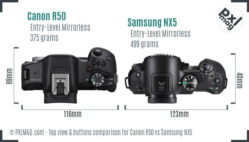 Canon R50 vs Samsung NX5 top view buttons comparison