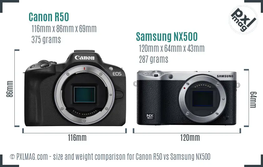 Canon R50 vs Samsung NX500 size comparison