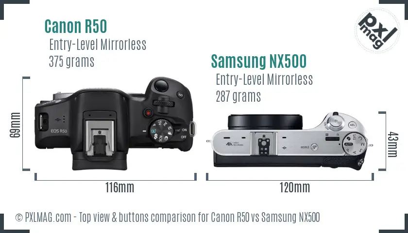 Canon R50 vs Samsung NX500 top view buttons comparison