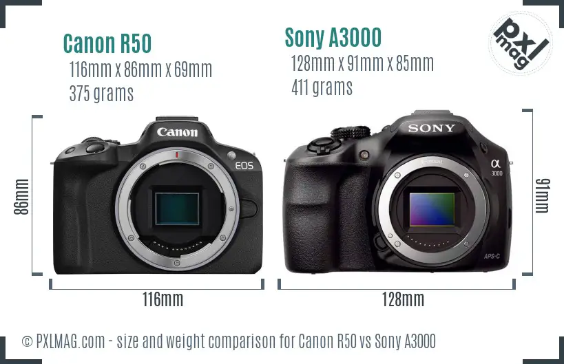 Canon R50 vs Sony A3000 size comparison