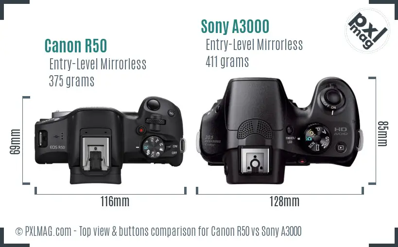 Canon R50 vs Sony A3000 top view buttons comparison