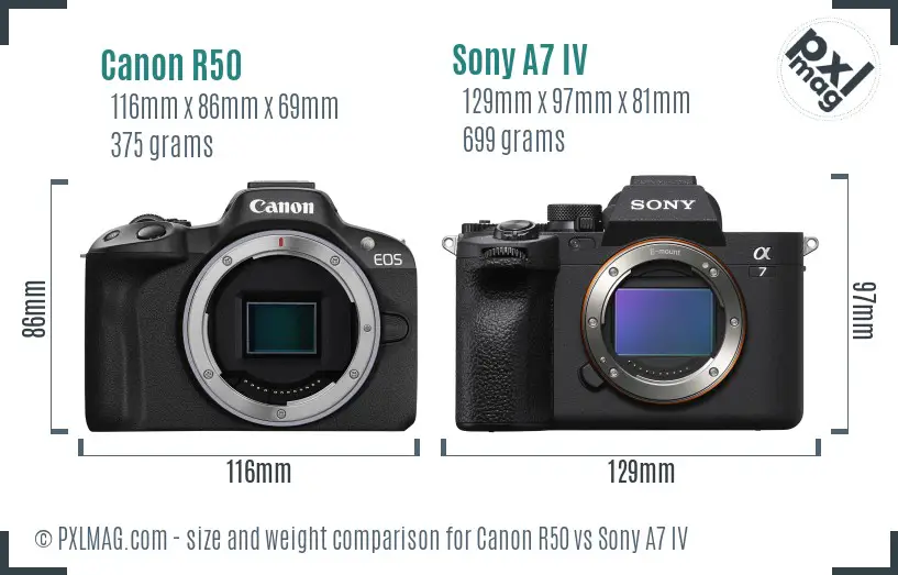 Canon R50 vs Sony A7 IV size comparison