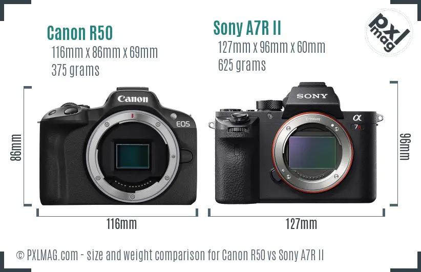 Canon R50 vs Sony A7R II size comparison