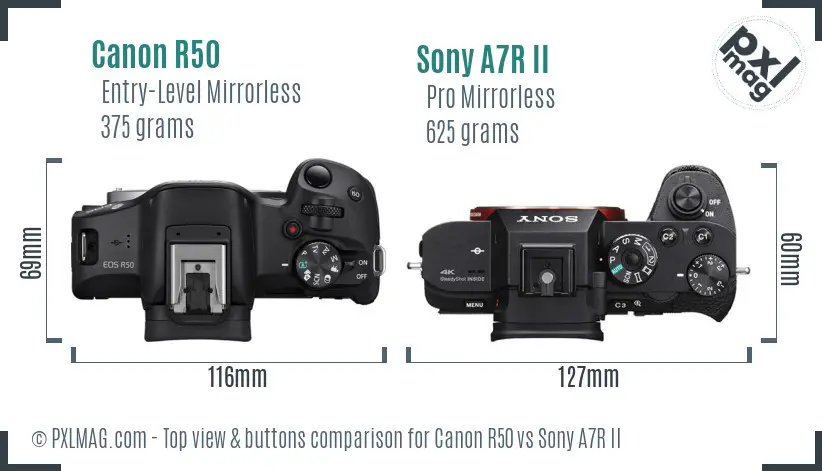 Canon R50 vs Sony A7R II top view buttons comparison