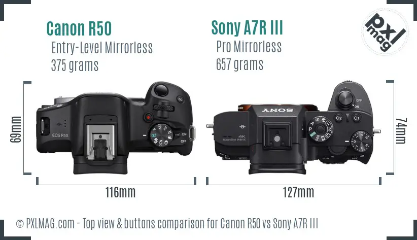 Canon R50 vs Sony A7R III top view buttons comparison