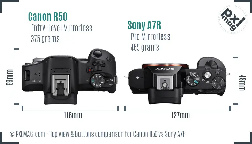 Canon R50 vs Sony A7R top view buttons comparison