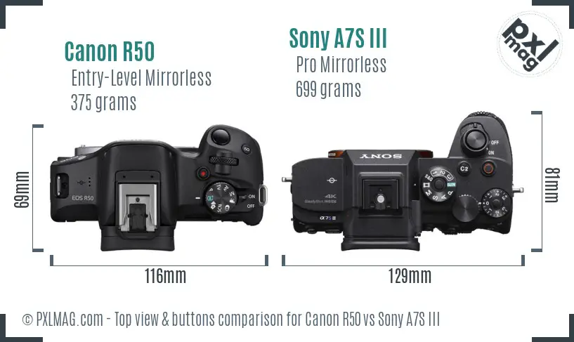 Canon R50 vs Sony A7S III top view buttons comparison Canon R50 vs Sony A7S III top view buttons comparison