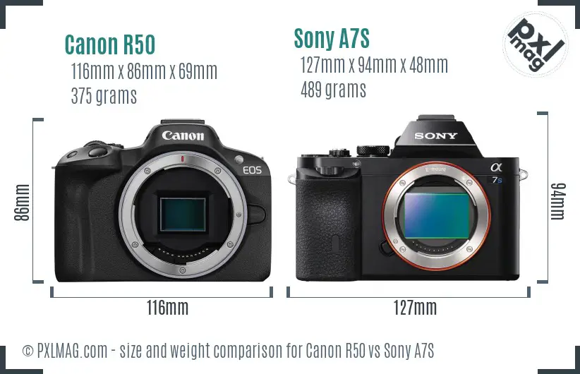 Canon R50 vs Sony A7S size comparison