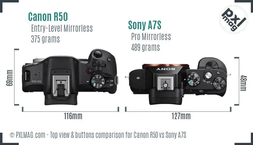 Canon R50 vs Sony A7S top view buttons comparison