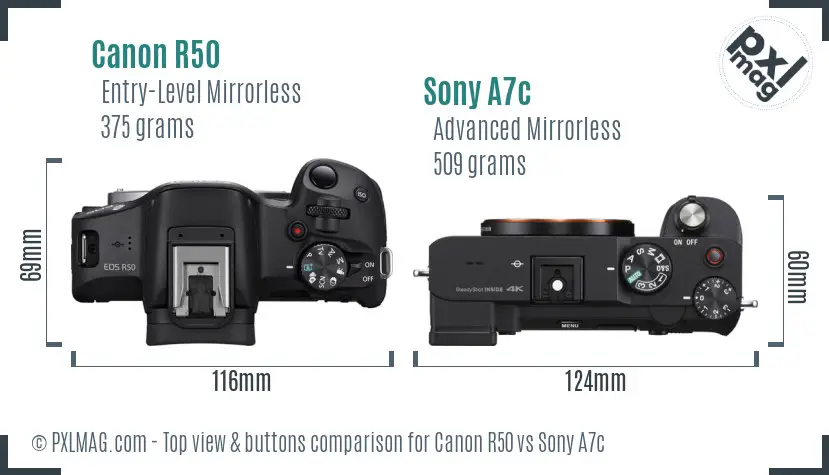 Canon R50 vs Sony A7c top view buttons comparison Canon R50 vs Sony A7c top view buttons comparison