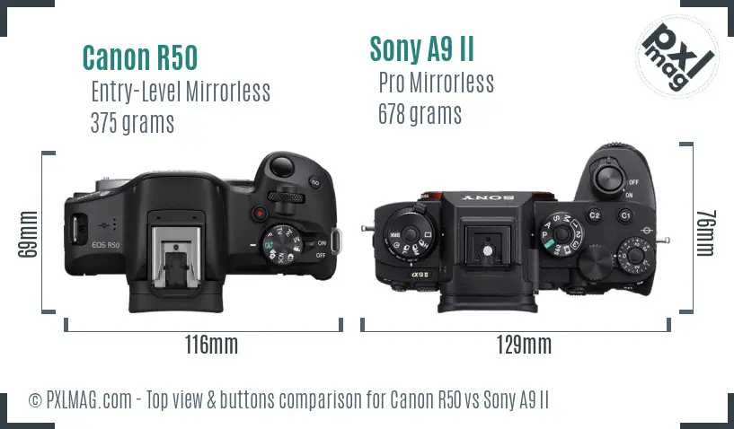 Canon R50 vs Sony A9 II top view buttons comparison