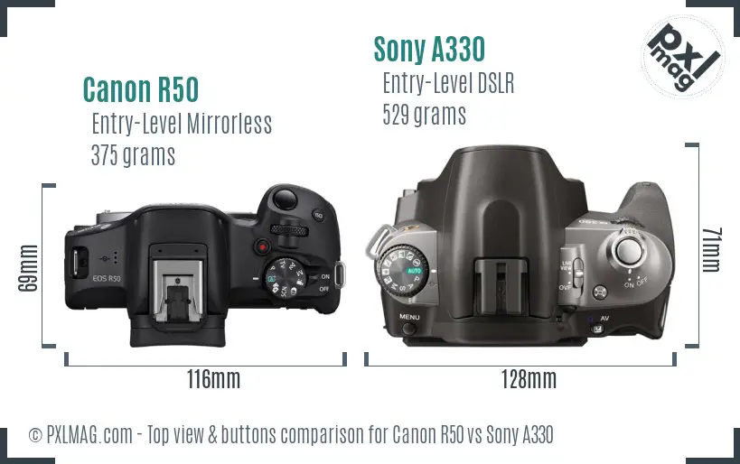 Canon R50 vs Sony A330 top view buttons comparison Canon R50 vs Sony A330 top view buttons comparison