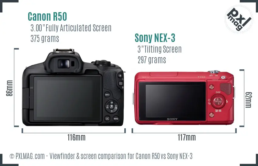 Canon R50 vs Sony NEX-3 Screen and Viewfinder comparison