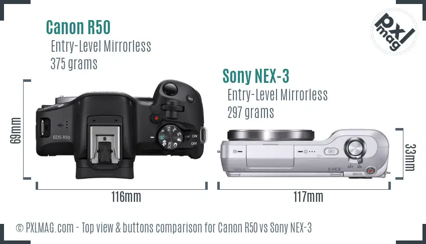 Canon R50 vs Sony NEX-3 top view buttons comparison