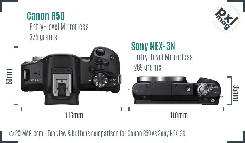 Canon R50 vs Sony NEX-3N top view buttons comparison
