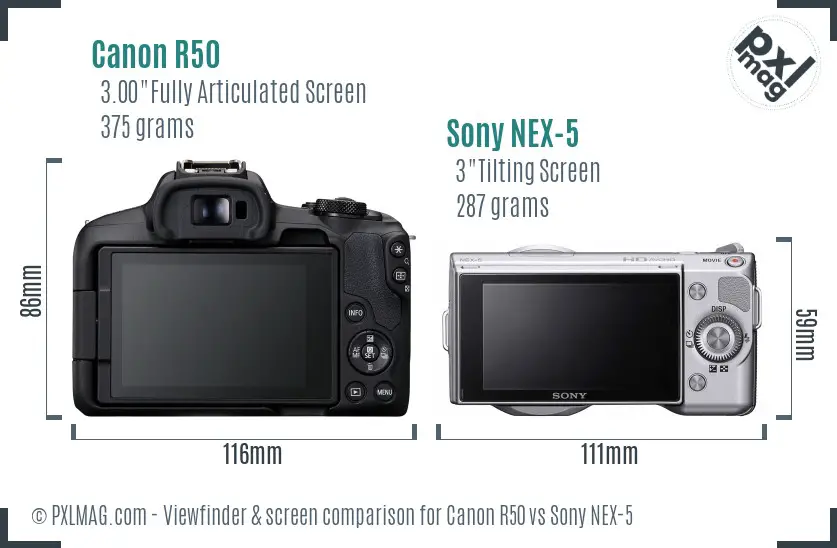 Canon R50 vs Sony NEX-5 Screen and Viewfinder comparison