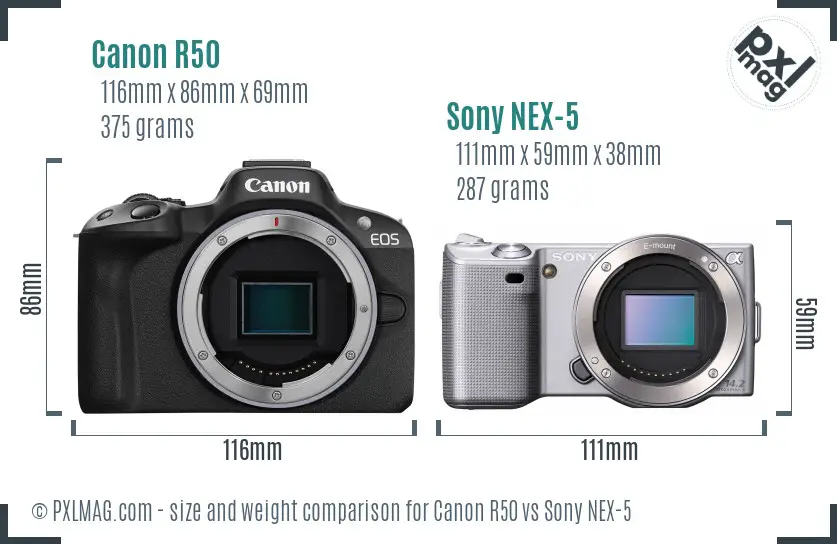 Canon R50 vs Sony NEX-5 size comparison