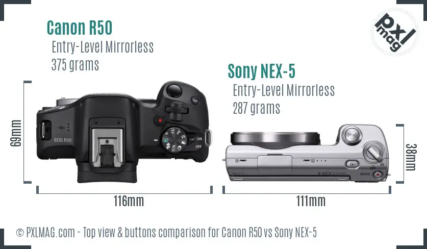 Canon R50 vs Sony NEX-5 top view buttons comparison