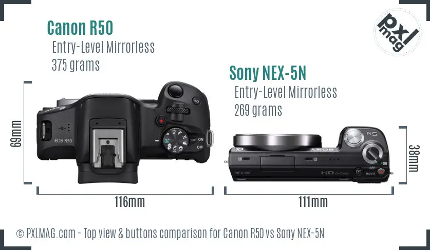 Canon R50 vs Sony NEX-5N top view buttons comparison