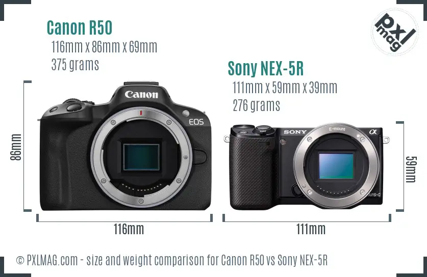 Canon R50 vs Sony NEX-5R size comparison