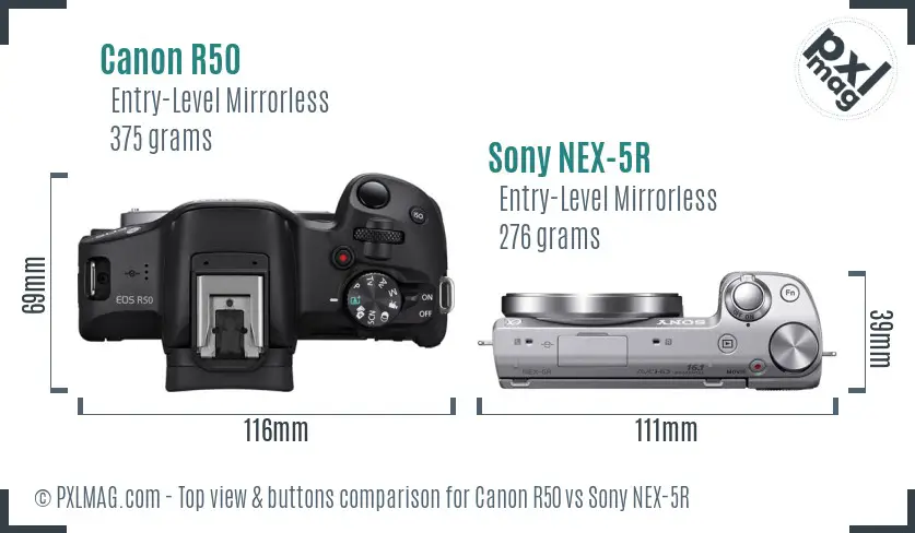 Canon R50 vs Sony NEX-5R top view buttons comparison