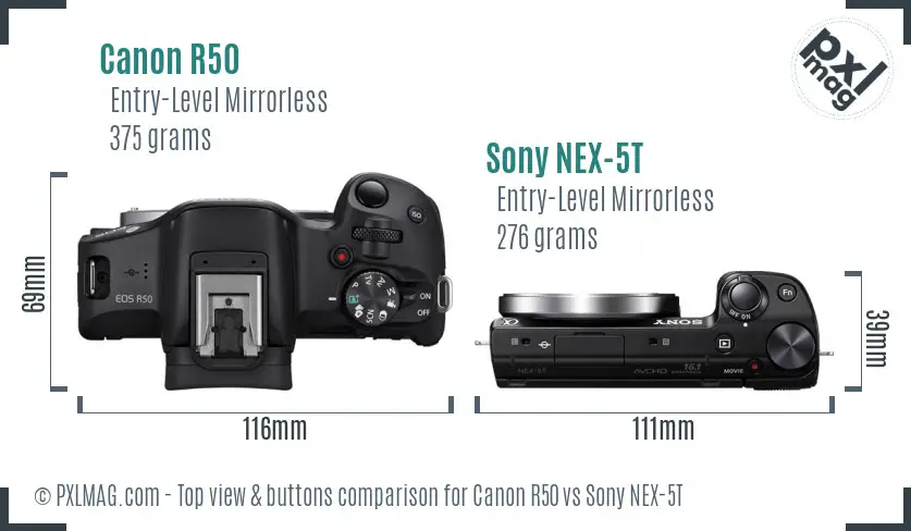 Canon R50 vs Sony NEX-5T top view buttons comparison