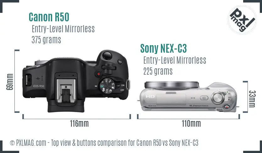 Canon R50 vs Sony NEX-C3 top view buttons comparison