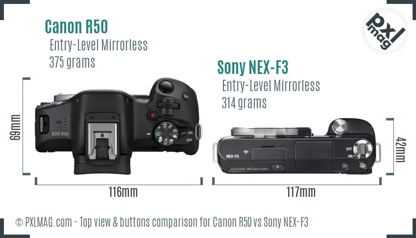 Canon R50 vs Sony NEX-F3 top view buttons comparison