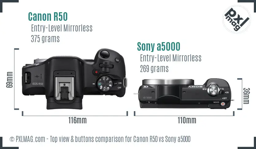 Canon R50 vs Sony a5000 top view buttons comparison