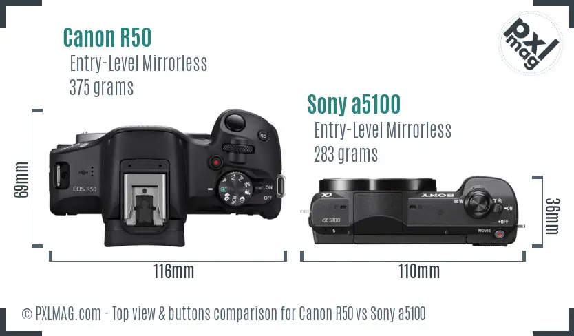 Canon R50 vs Sony a5100 top view buttons comparison