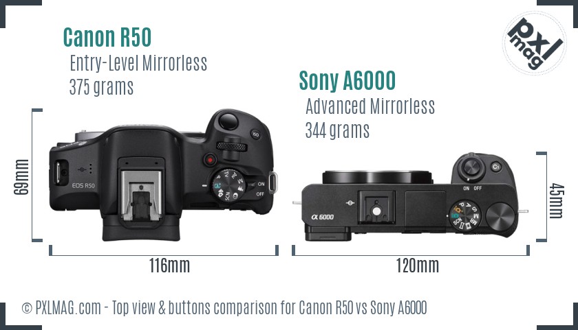 Canon R50 vs Sony A6000 top view buttons comparison