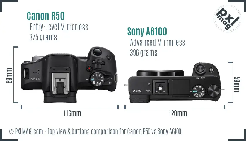 Canon R50 vs Sony A6100 top view buttons comparison