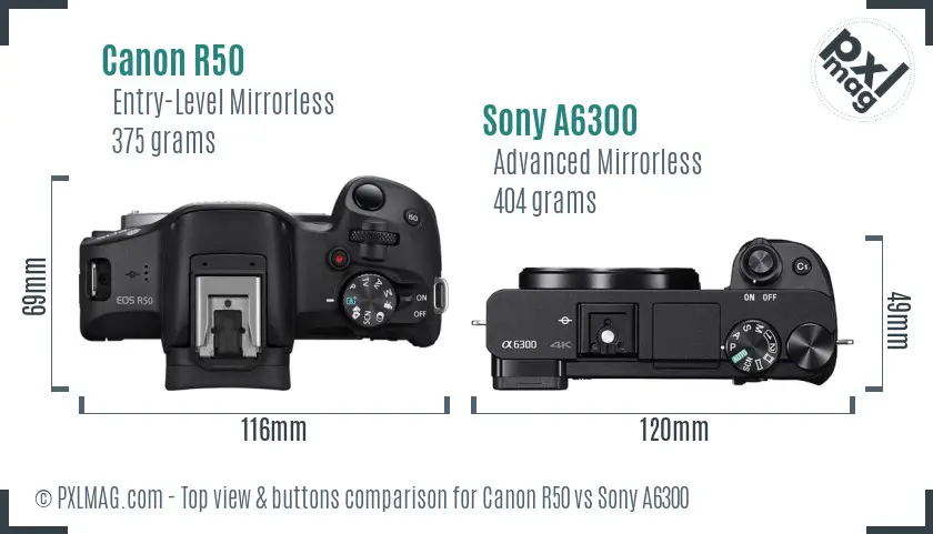 Canon R50 vs Sony A6300 top view buttons comparison Canon R50 vs Sony A6300 top view buttons comparison