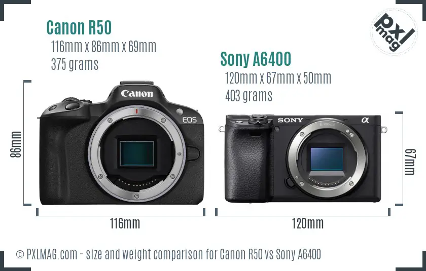 Canon R50 vs Sony A6400 size comparison Canon R50 vs Sony A6400 size comparison