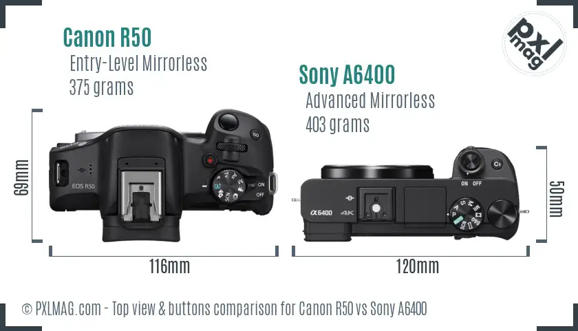 Canon R50 vs Sony A6400 top view buttons comparison Canon R50 vs Sony A6400 top view buttons comparison