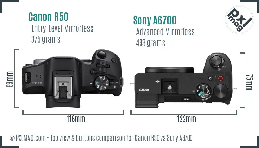 Canon R50 vs Sony A6700 top view buttons comparison