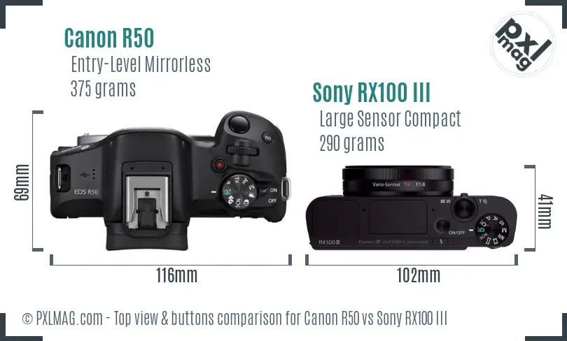 Canon R50 vs Sony RX100 III top view buttons comparison Canon R50 vs Sony RX100 III top view buttons comparison